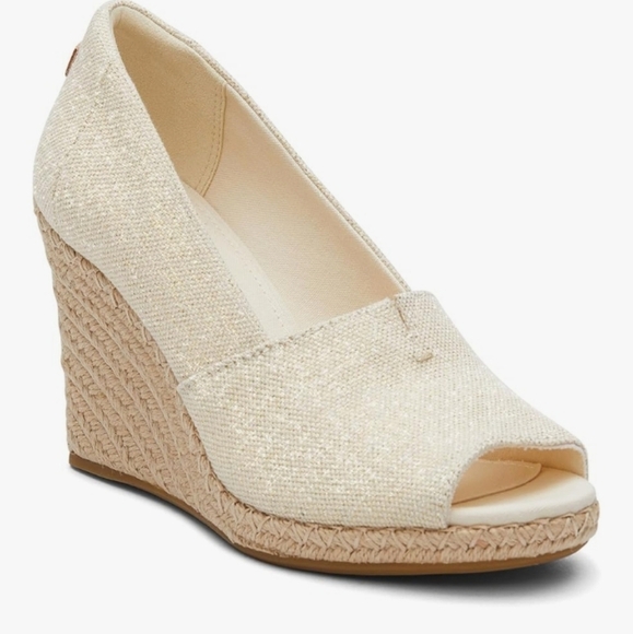 Toms Cream and Gold Metallic Linen Espadrille Wedges - Picture 1 of 7